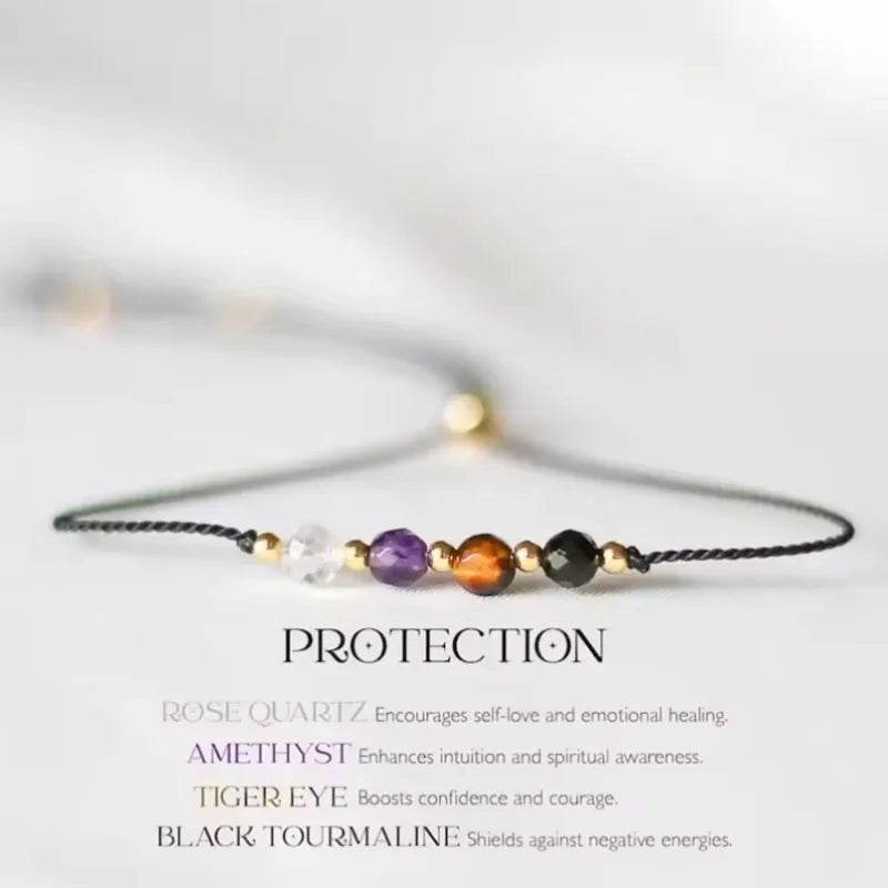 ✨ Protection Crystal Bracelet – Empath Shield with Rose Quartz, Amethyst & Black Tourmaline – Adjustable Cord Healing Jewelry