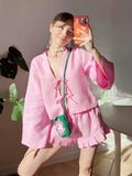 👗 Bronladies Luxe Lace-Up Summer Ensemble: Breathable Flounce Shorts & Long Sleeve Relaxed Fashion Set Pink