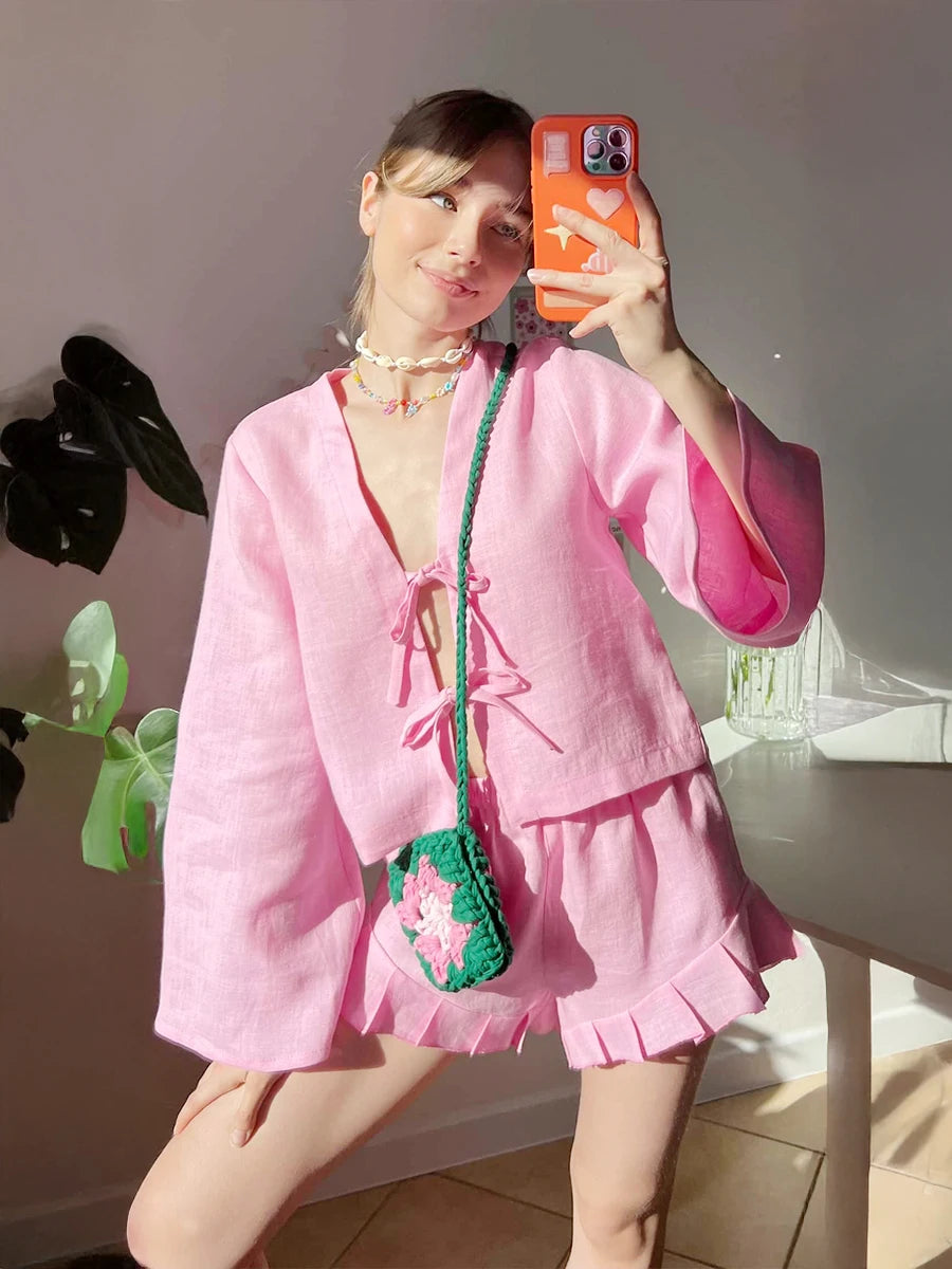 👗 Bronladies Luxe Lace-Up Summer Ensemble: Breathable Flounce Shorts & Long Sleeve Relaxed Fashion Set Pink
