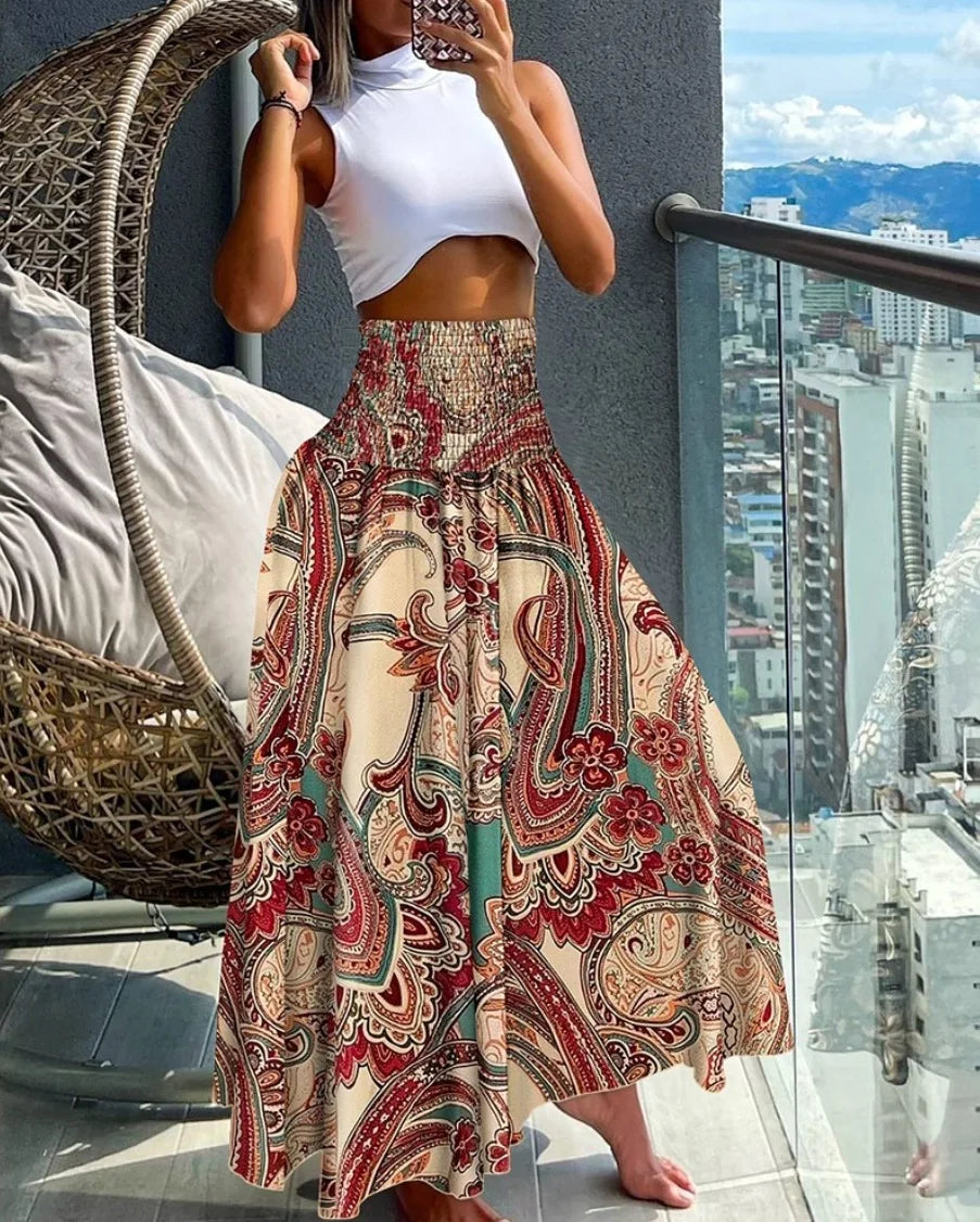 🛍️ Boho Beach Skirt – Vintage Printed Long A-Line Skirt with Elastic High Waist, Big Hem for Women’s Vacation and Spring-Summer Fashion