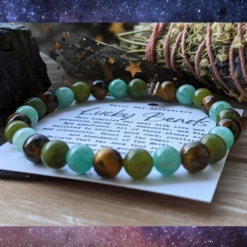 ✨ Lucky Beads Bracelet – Jadeite, Tiger Eye & Amazonite – 6mm Crystal Jewelry for Good Luck and Prosperity – Gift for Women
