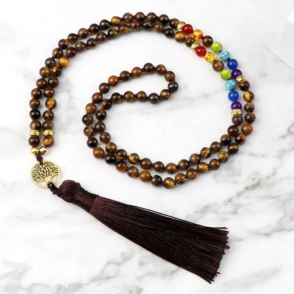 🐯 Tiger Eye & Black Onyx 108 Mala Necklace with Tree of Life Pendant – 7 Chakra Healing Crystal Beads & Protection Rosary Jewelry for Men & Women Tiger Eye