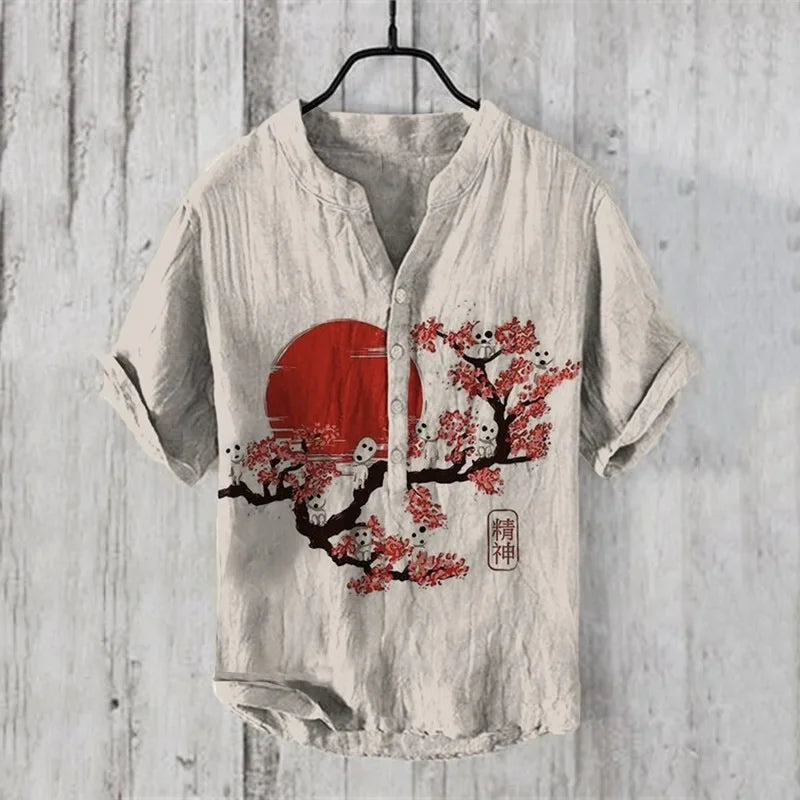 🌊 The Euro-Wave Heritage: Premium Men’s Summer Shirt – High-Definition Euro-American Wave Graphic Print, Modern Mandarin Standing Collar, and Sophisticated Urban-Resort Short-Sleeve Button-Down