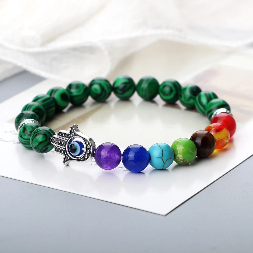 🧿 7 Chakra Protection Bracelet for Men: Natural Tiger Eye & Lava Stone with Evil Eye & Hamsa Hand – Anxiety Relief, Luck & Energy Healing Bangle