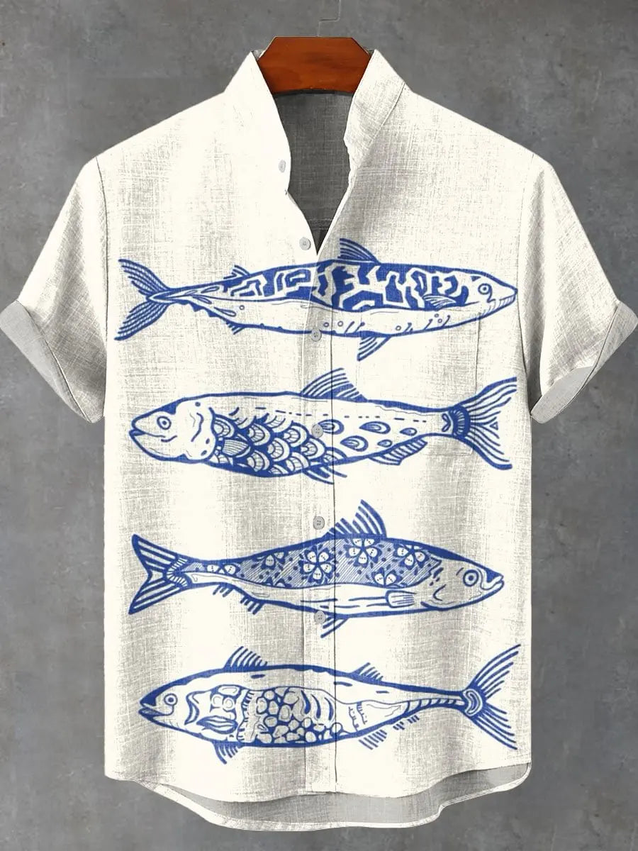 🌊The Vintage Angler’s Heritage: Premium Men’s Cotton-Linen Casual Shirt – Retro 3D Fish Pattern, Breathable Short-Sleeve Utility Top (Camisas De Hombre), and Sophisticated Coastal Silhouette SFQQQD1042
