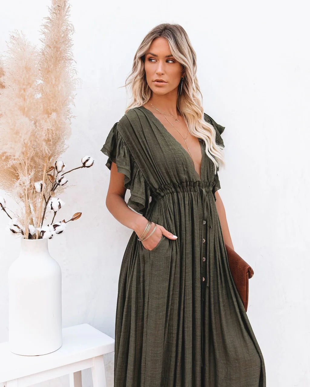 2024 Summer Long Bikini Cover Ups for Women Solid V-Neck Kimono Beach Dresses Lace Up Anti-Sun Swim Dress Bohemian Sarong Skirt
