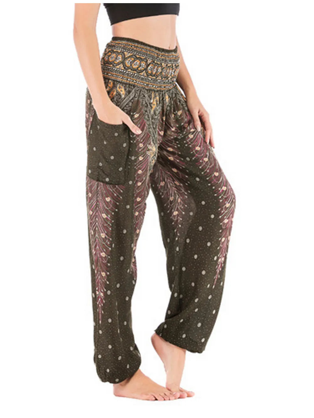 🧘‍♀️ Women’s Yoga Boho Pants – Floral Print Harem Leggings with Pocket, High Waist, Elastic Waistband, and Ankle Straps