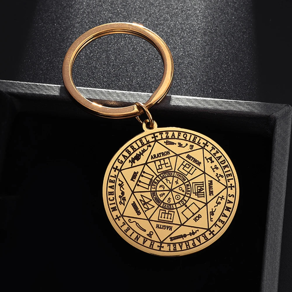 ✨ Stainless Steel Seal of The Seven Archangels Pendant Keychain – Solomon Kabbalah Protection Amulet | Durable Car Keyring Spiritual Jewelry G