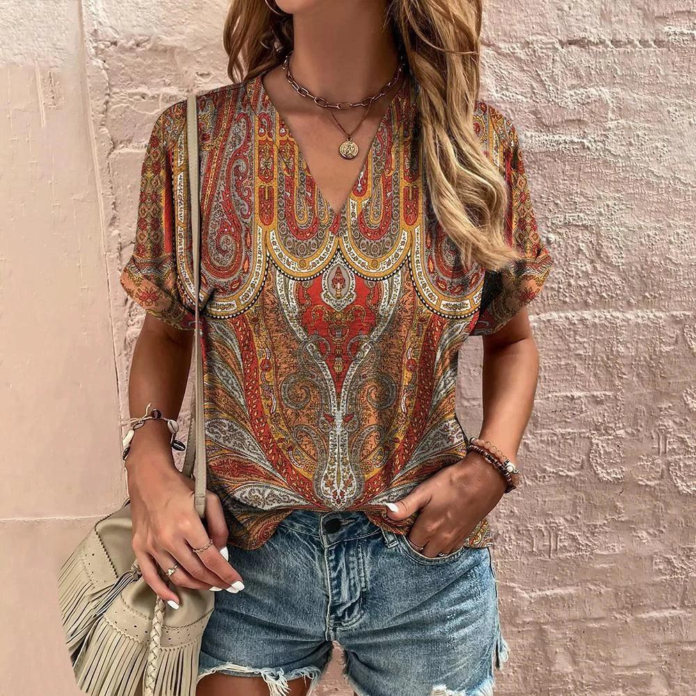 Retro Women’s Floral T-Shirt – Harajuku Style Short Sleeve V-Neck Casual Blouse S56VTX173