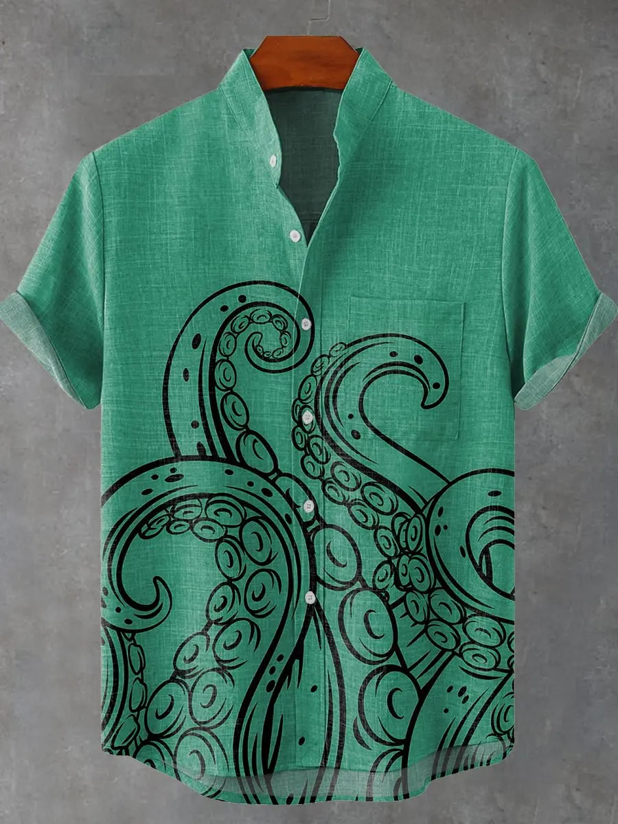 🐙 The Abyssal Kraken Art Edition: Premium Men’s Organic Linen Shirt – High-Definition Deep Sea Giant Octopus Print, Breathable Short-Sleeve Casual Button-Down, and Sophisticated Nautical Graphic Top SFQQQD257