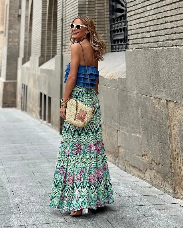 🌟 Bohemian Style Printed A-line Skirt Women Fashion Beach Vacation Loose Drawstring Ruffles Skirts Female Summer New Streetwear﻿