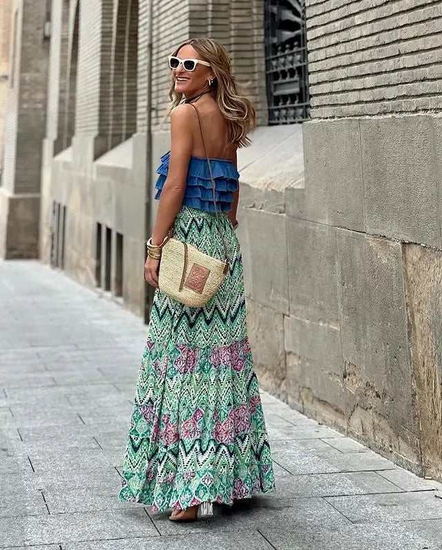 Bohemian A-line Skirt for Women – Loose Ruffle Summer Beach Vacation Skirt with Drawstring – Fashionable Streetwear