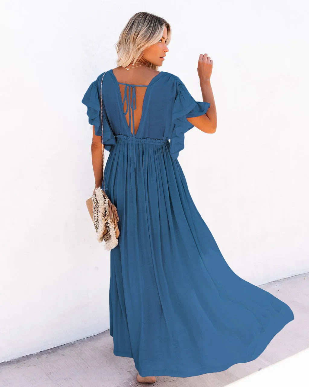 2024 Summer Long Bikini Cover Ups for Women Solid V-Neck Kimono Beach Dresses Lace Up Anti-Sun Swim Dress Bohemian Sarong Skirt