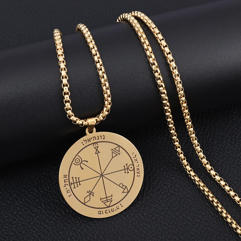 ✨ Stainless Steel 7 Archangel Seal Necklace – Solomon Kabbalah Seal Pendant | Men’s Supernatural Protection Amulet & Magical Jewelry AL18058-Gold