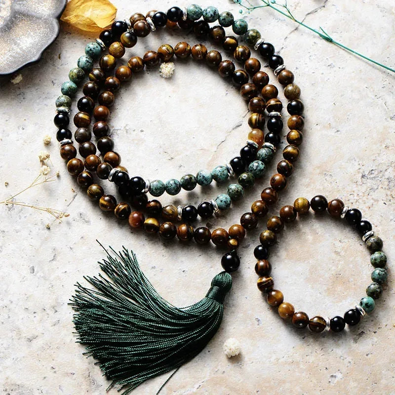 🐯 Retro Ethnic Tiger Eye & Turquoise 108 Bead Necklace: Healing Protection Mala with Lobster Clasp – Boho Statement Jewelry for Men & Women