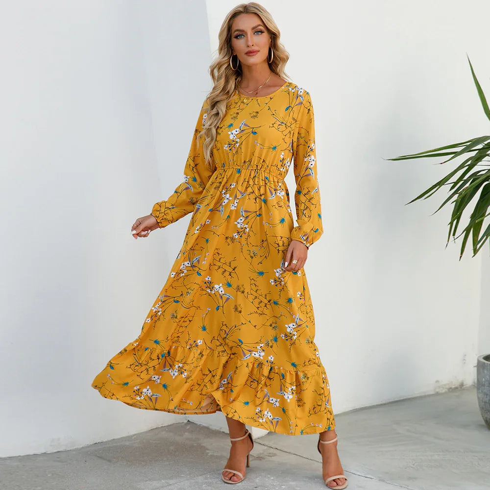Women’s Bohemian Maxi Dress - Casual Chiffon Dress with Full Sleeves, High Waist, and Floral Print for Spring and Autumn
