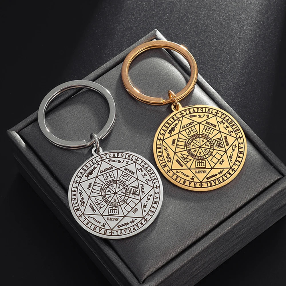 ✨ Stainless Steel Seal of The Seven Archangels Pendant Keychain – Solomon Kabbalah Protection Amulet | Durable Car Keyring Spiritual Jewelry