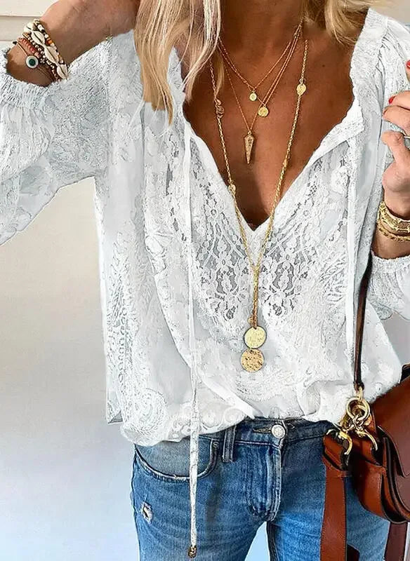 2025 Women's Boho Lace Blouse - Elegant Deep V Neck Pullover Top for Spring Summer Casual Wear