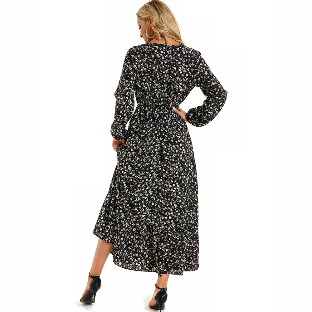 Women’s Bohemian Maxi Dress - Casual Chiffon Dress with Full Sleeves, High Waist, and Floral Print for Spring and Autumn