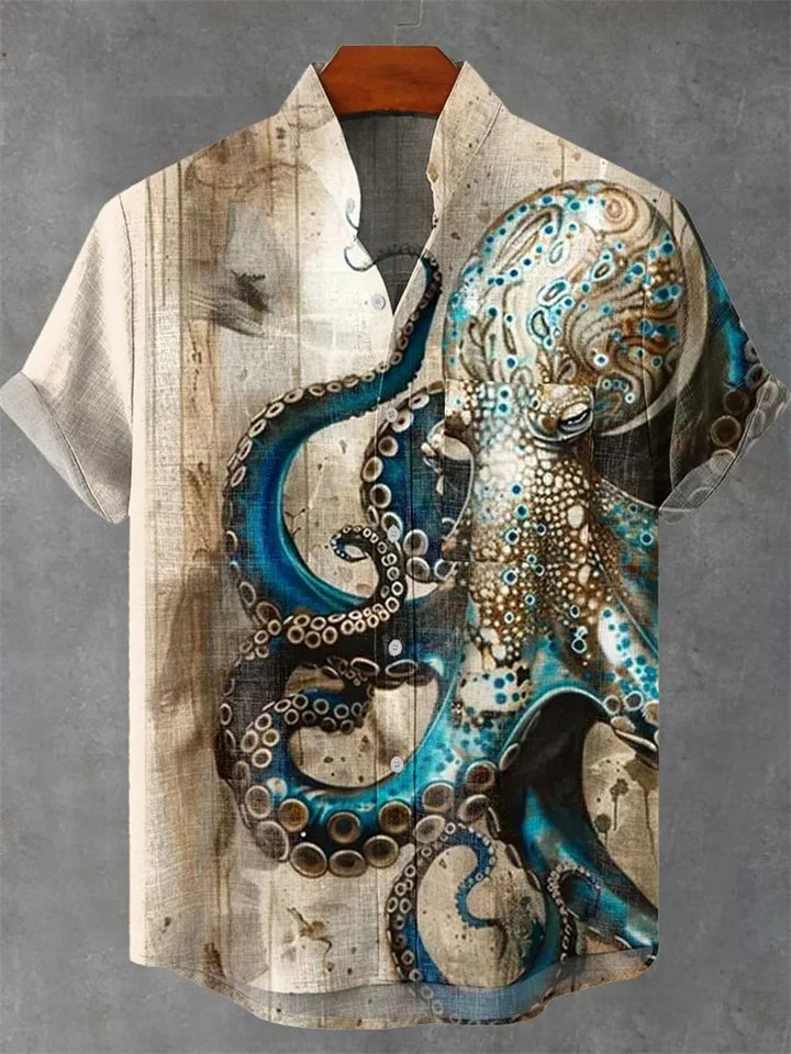 🐙 The Vintage Cephalopod: Premium Men’s Hawaiian Linen Shirt – High-Definition Retro Octopus Graphic Print, Breathable Organic Cotton-Linen Blend, and Sophisticated Loose-Fit Holiday Button-Down