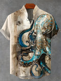 🐙 The Vintage Cephalopod: Premium Men’s Hawaiian Linen Shirt – High-Definition Retro Octopus Graphic Print, Breathable Organic Cotton-Linen Blend, and Sophisticated Loose-Fit Holiday Button-Down HO451