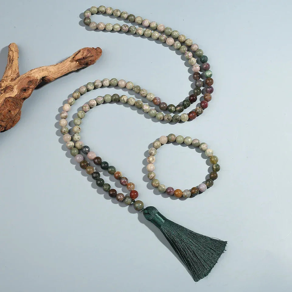 🌿 Sacred Indian Onyx 108 Mala Beads (8mm): The Stone of Strength & Memory – Healing Meditation Necklace, Yoga Prayer Rosary & Japamala Set
