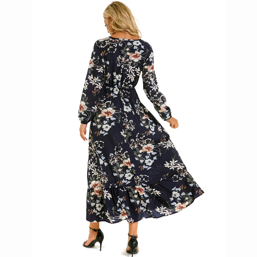 Women’s Bohemian Maxi Dress - Casual Chiffon Dress with Full Sleeves, High Waist, and Floral Print for Spring and Autumn