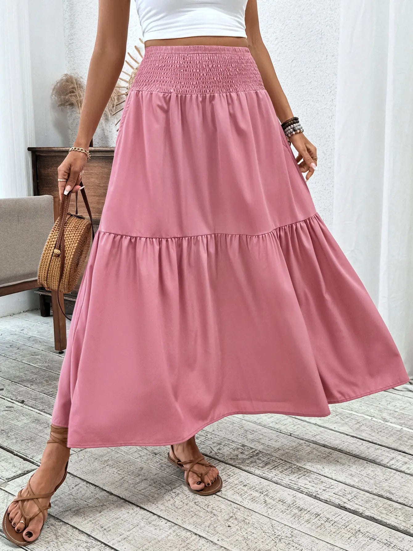 Women Floral Pleated Skirt – Retro High Waist Long Skirt for Stylish Casual Beach Wear Pink