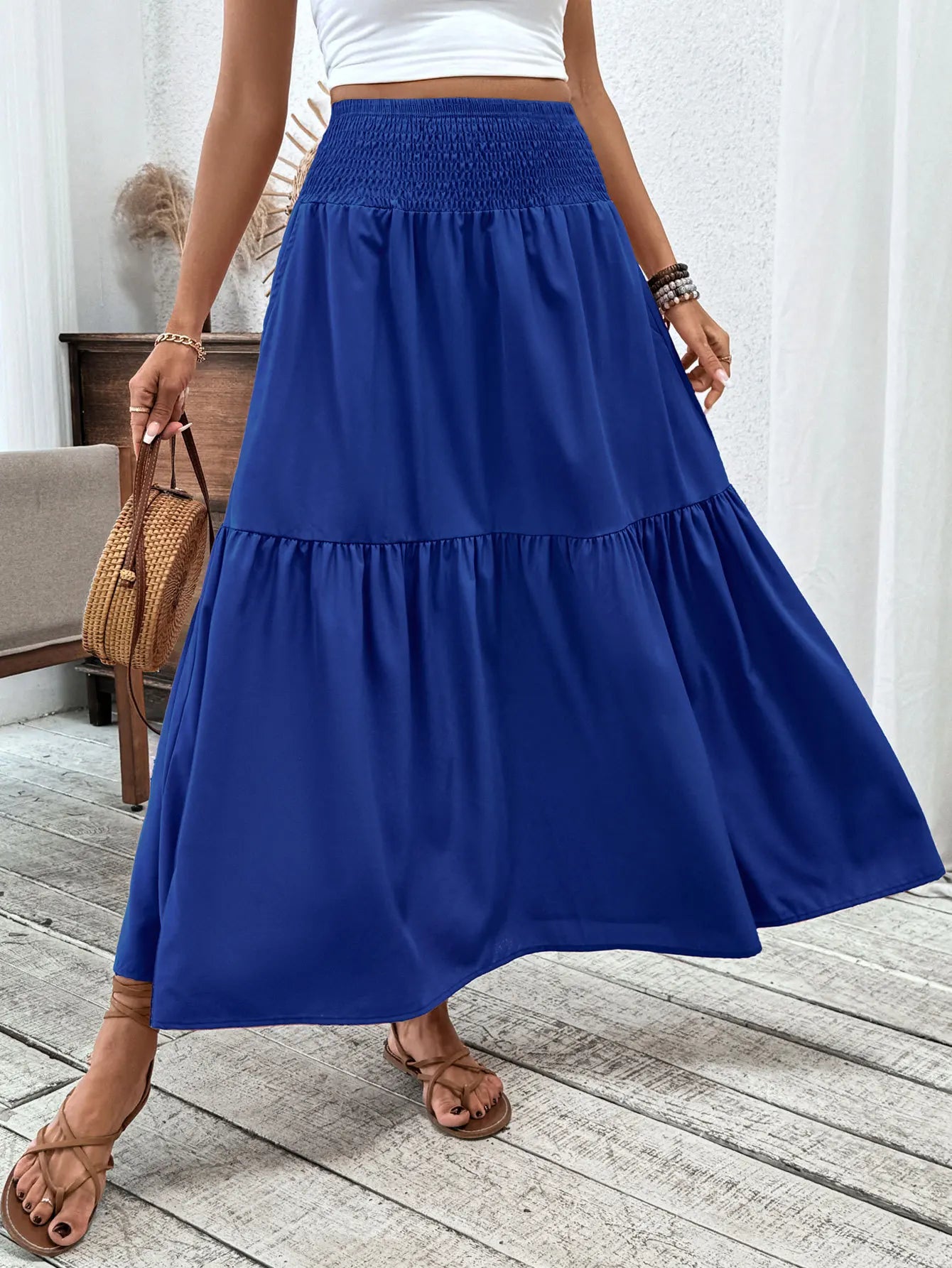 Women Floral Pleated Skirt – Retro High Waist Long Skirt for Stylish Casual Beach Wear Blue