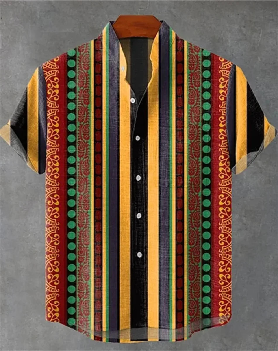 🌍 The Ethnic Heritage Edition: Premium Men’s Retro Linen Shirt – High-Definition Tribal Graphic Print, Breathable Organic Cotton-Linen Blend, and Sophisticated Modern-Fit Holiday Streetwear bkcs5