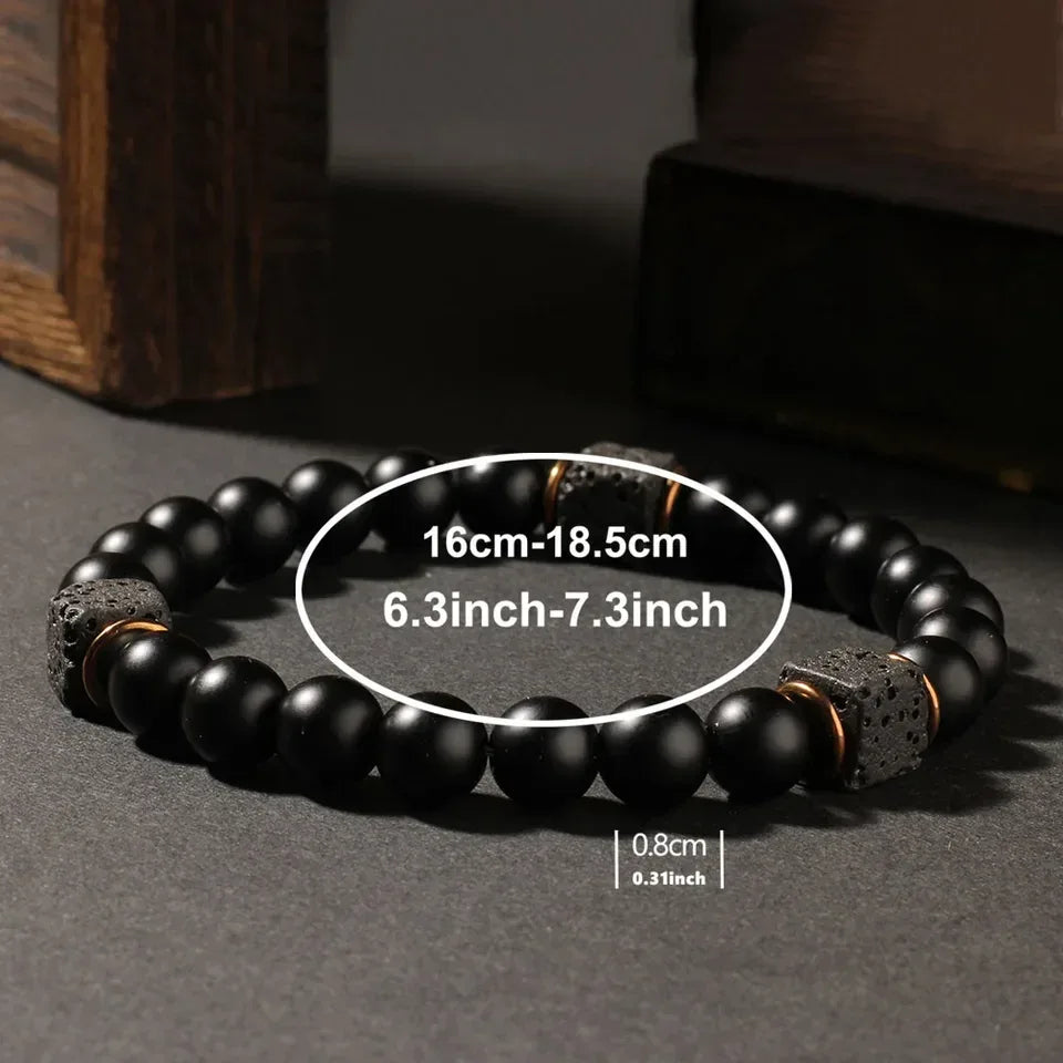 ✨ Creative Square Volcanic Stone and Round Men's Bracelet – Elegant Autumn Black Jewelry – Perfect Brother’s Christmas Gift & Daily Pulsera Hombre