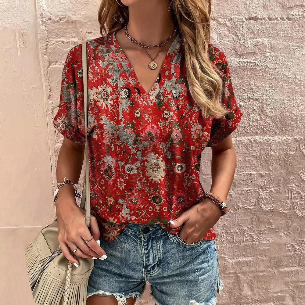 👚 Retro Women’s T-Shirt – Floral Print, Short Sleeve, V-Neck Harajuku Style Casual Blouse