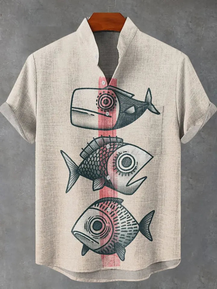 🌊The Vintage Angler’s Heritage: Premium Men’s Cotton-Linen Casual Shirt – Retro 3D Fish Pattern, Breathable Short-Sleeve Utility Top (Camisas De Hombre), and Sophisticated Coastal Silhouette