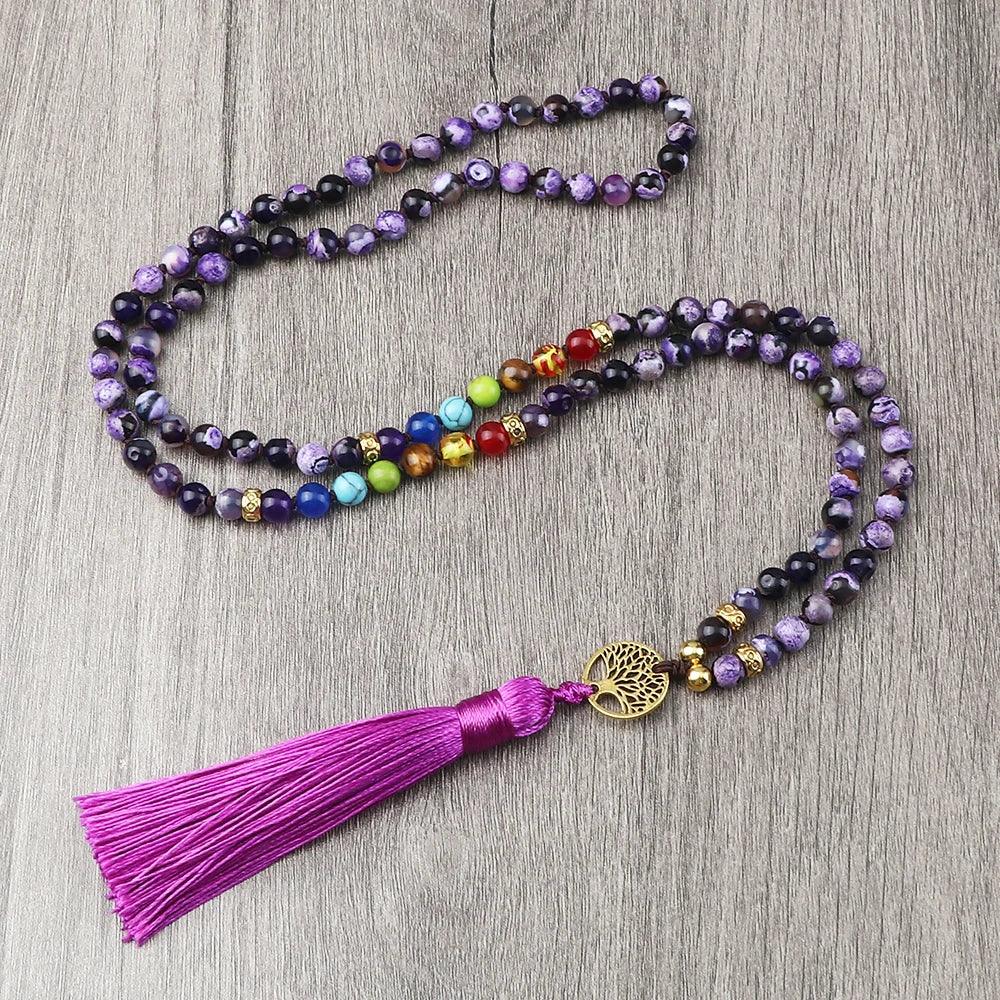 🐯 Tiger Eye & Black Onyx 108 Mala Necklace with Tree of Life Pendant – 7 Chakra Healing Crystal Beads & Protection Rosary Jewelry for Men & Women