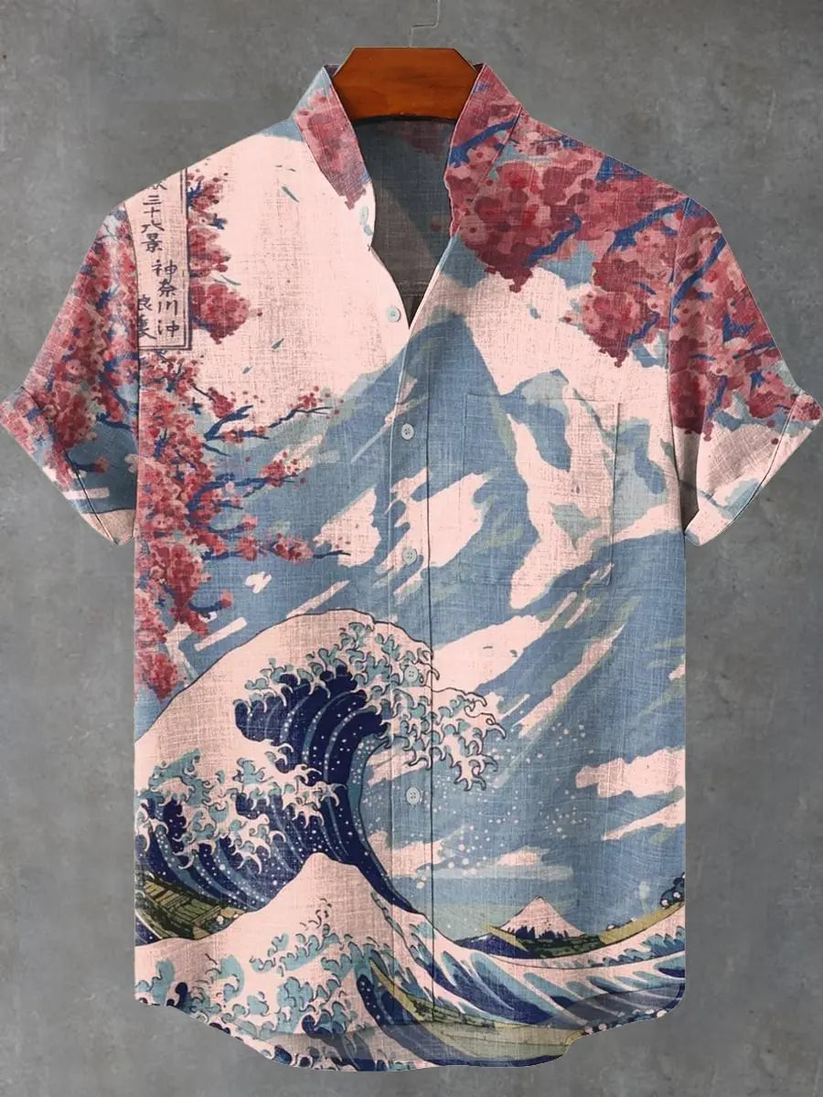 🌊 The Zen Wave Heritage: Premium Men’s 3D Printed Linen Shirt – High-Definition Retro Japanese Wave Graphic, 100% Breathable Organic Linen-Hybrid, and Sophisticated Hawaiian Beach Holiday Short-Sleeve MK266