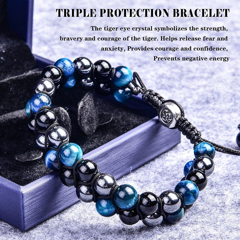 🛡️ Triple Protection Bracelet: Tiger Eye, Black Obsidian & Hematite 8mm Beads – Ultimate Energy Shield, Grounding & Healing Crystal Bangle for Men & Women