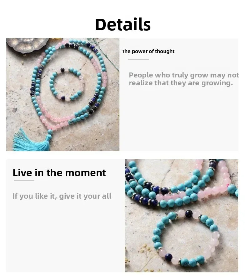 🐯 Retro Ethnic Tiger Eye & Turquoise 108 Bead Necklace: Healing Protection Mala with Lobster Clasp – Boho Statement Jewelry for Men & Women