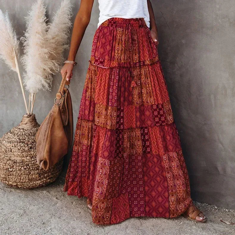 👗 Women’s Bohemian Print Long Skirts – Elastic High Waist, Loose Tiered A-line Skirt with Pockets Red
