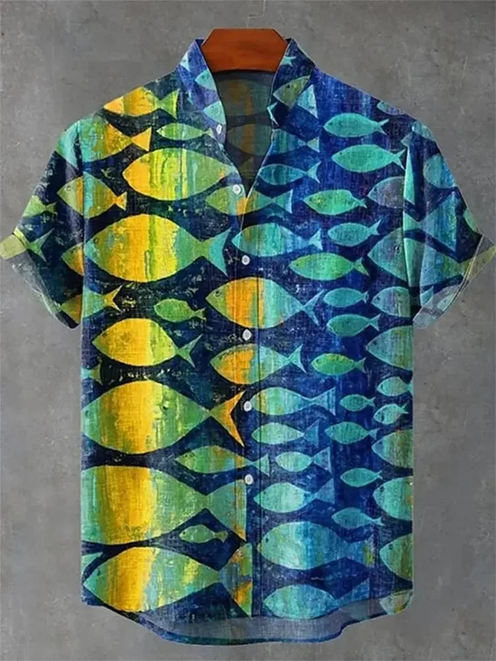 ✨ The Sovereign Zen-Fish Heritage: Premium Men's Cotton-Linen Blend Casual Shirt – Retro 3D Artistic Print, Breathable Short-Sleeve Button-Up (Ropa Casual Para Hombre) with Vintage Tailored Fit