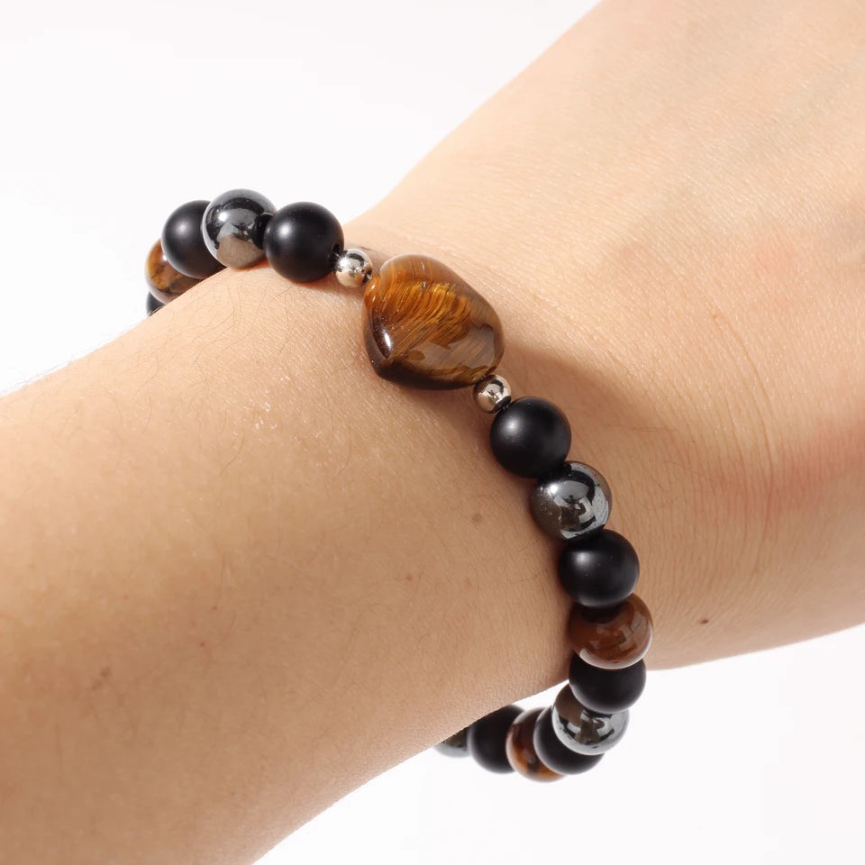 ✨ Luxury Winter Jewelry – Black, Yellow & Silvery Tiger’s Eye Hematite Brazaletes – High-Quality Natural Stone Bracelets for Family Gatherings