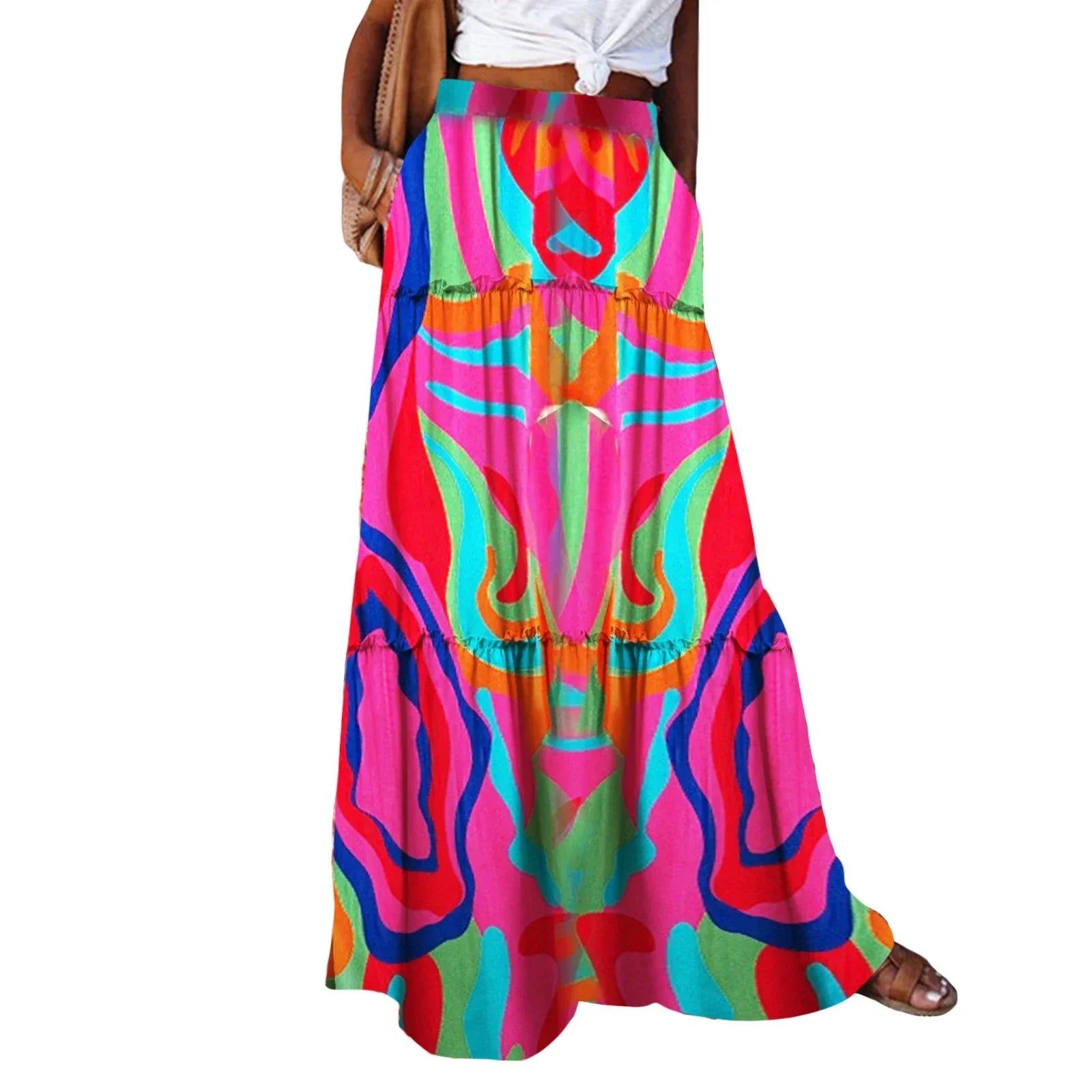 Women’s Bohemian High Waist Skirt A-Line Swing with Pockets - Drawstring Elastic Long Skirt F