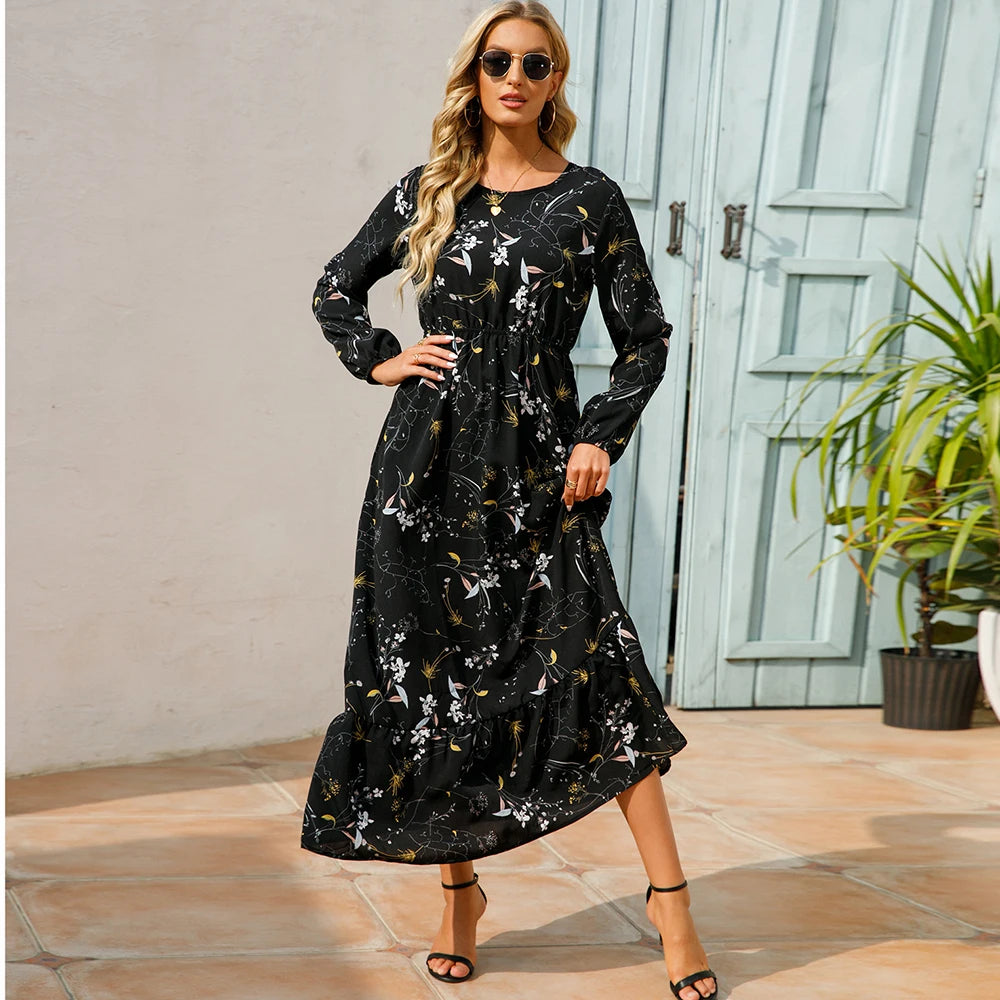 👗 Women’s Bohemian Maxi Dress – Spring Autumn Casual Chiffon Dress with Full Sleeves, High Waist, and Floral Print