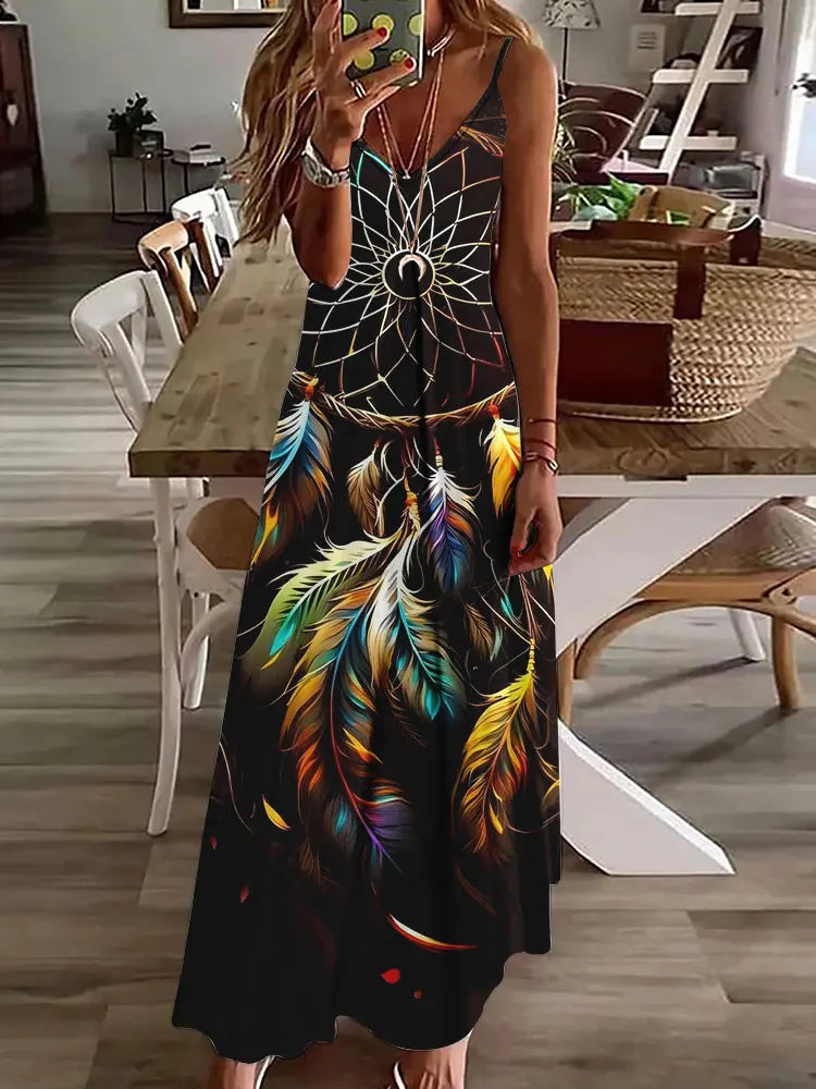 🛍️ 2024 New 3D Owl Vintage Print Sleeveless Vest Long Women’s Tribal Pattern Spaghetti Strap Dress – Summer Long Loose Vest Dresses BDQLTH248745511
