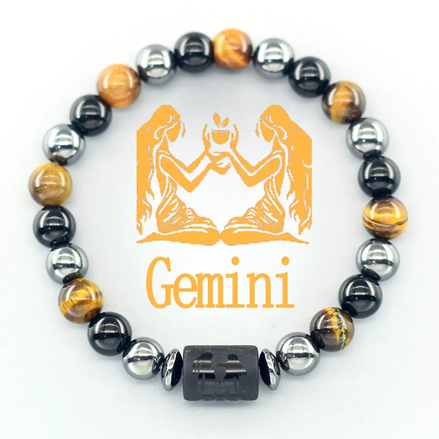 ✨ 12 Zodiac Sign Bracelet Homme – Natural Yellow Tiger Eye Stone & Hematite Constellation Bangle – Cancer, Taurus, Libra Astrology Bracelet for Women 15 Gemini 8 mm Beads