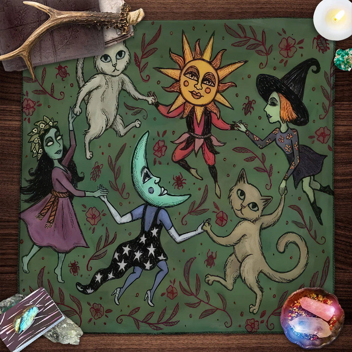 🔮Colorful Mandala Black Cat Altar Cloth – Tarot Tablecloth with Moon & Starry Sky for Witchcraft, Divination & Mystical Home Decor TLB (797)