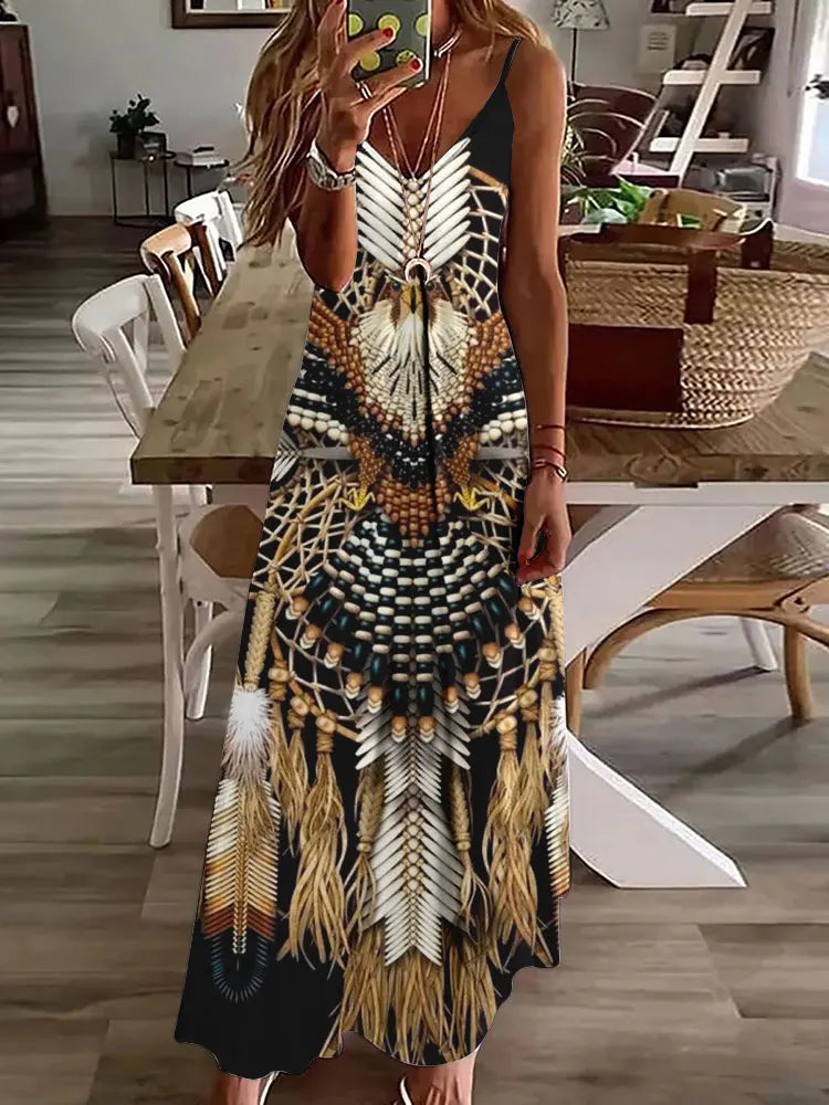 🛍️ 2024 New 3D Owl Vintage Print Sleeveless Vest Long Women’s Tribal Pattern Spaghetti Strap Dress – Summer Long Loose Vest Dresses BDQLTH248745518