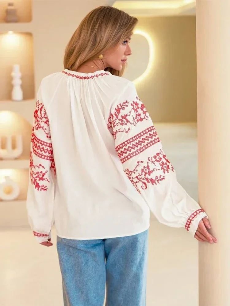 🌿 Nomad Spirit: Retro National Print Lantern Sleeve Blouse – Boho Lace-Up Tassel Top & Loose Casual Tunic