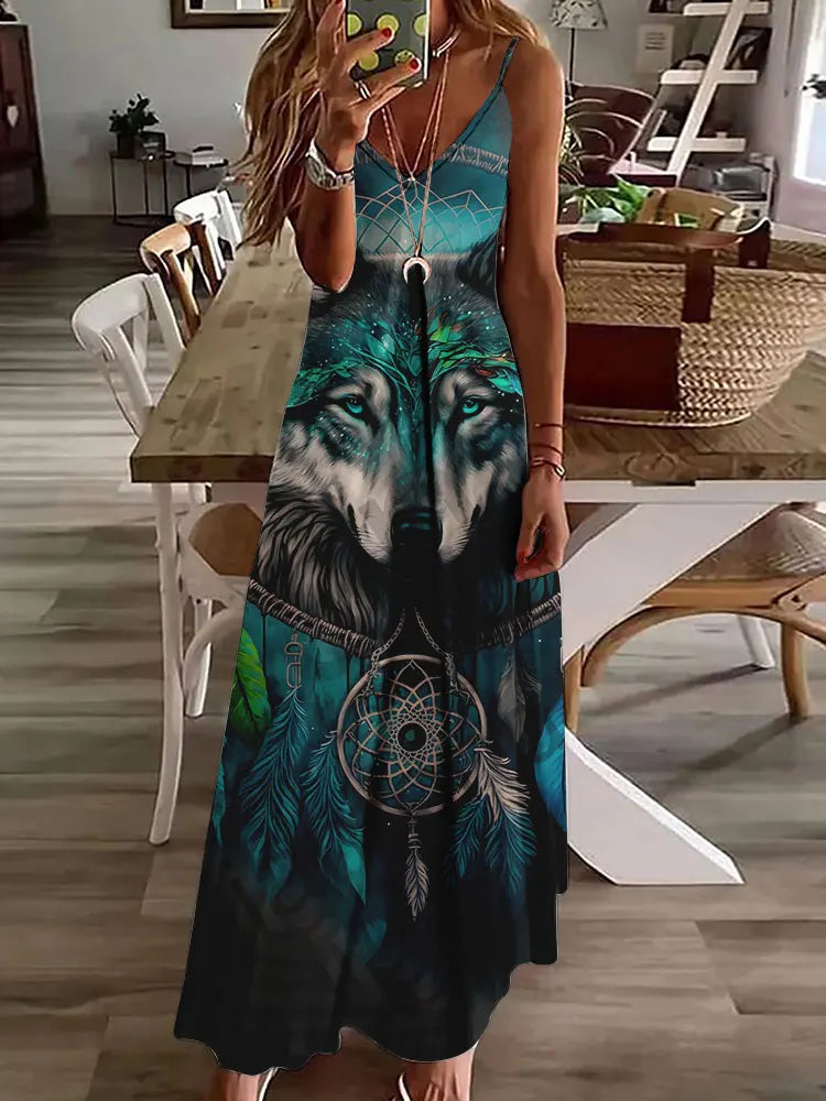 2024 New 3D Owl Vintage Print Dress for Women – Sleeveless Long Tribal Pattern Spaghetti Strap Summer Vest Dress BDQLTH24874553