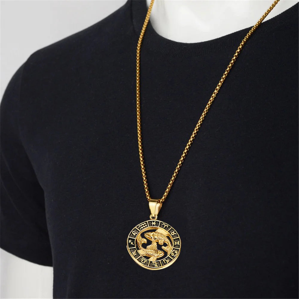 ♌♏ Zodiac Sign Leo Scorpio Pendant Necklace – Gold Color Stainless Steel Round 12 Constellation Design Unisex Astrology Jewelry Stylish Gift for Women and Men