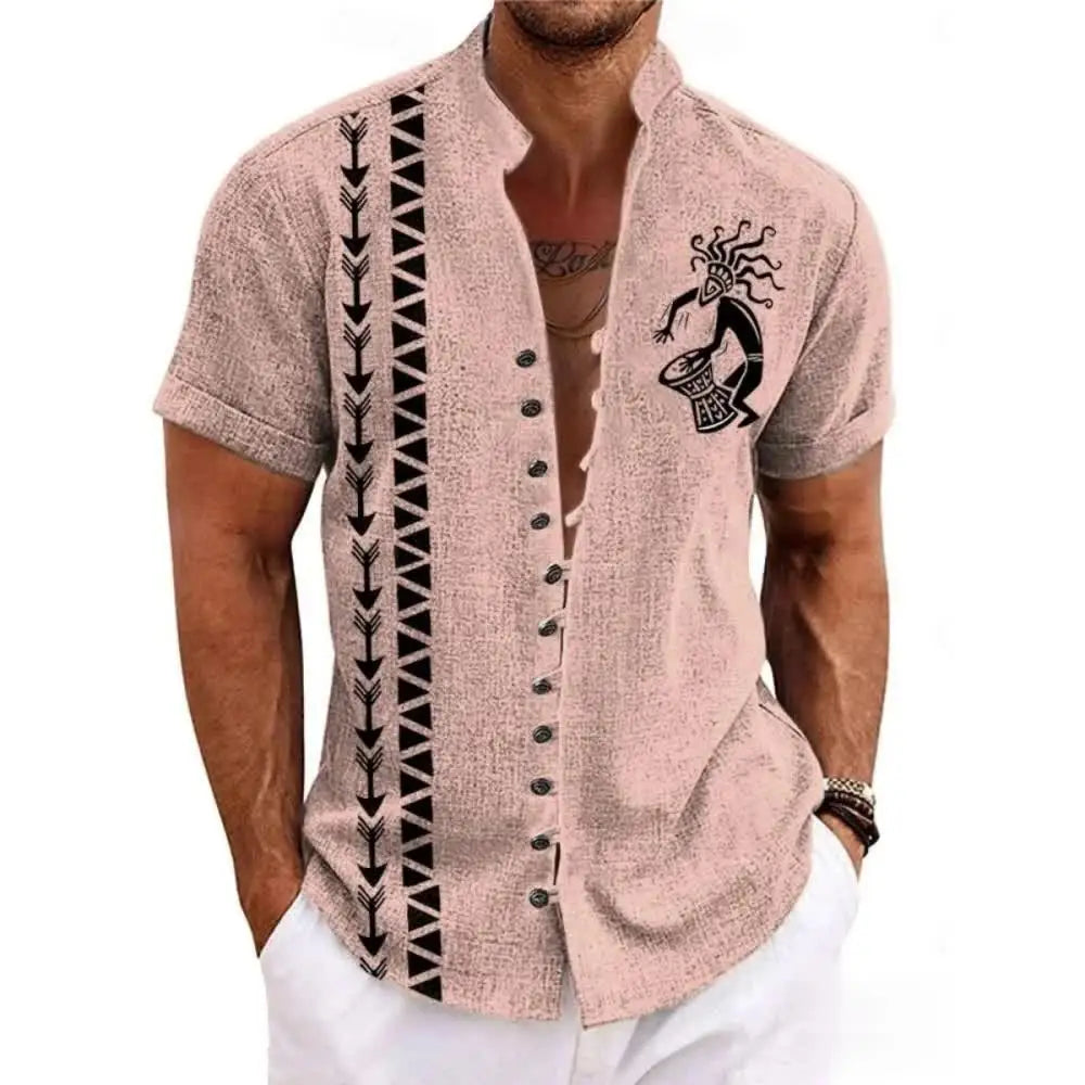 🗿 The Ethnic Totem Edition: Premium Men’s Modern-Retro Linen Shirt – High-Definition Tribal Totem Graphic Print, Breathable Organic Cotton-Linen Blend, and Sophisticated Urban-Casual Short-Sleeve bkcs8